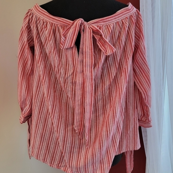 Off Shoulder Red Striped Cotton Blouse Size Medium - Picture 2 of 8